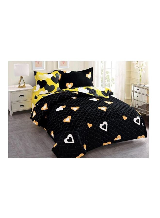 4-Pieces Heart Printed Compressed Comforter Set Single Size Fabric Black/Yellow/White Single