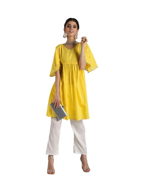 V-Neck Flared Kurta Yellow