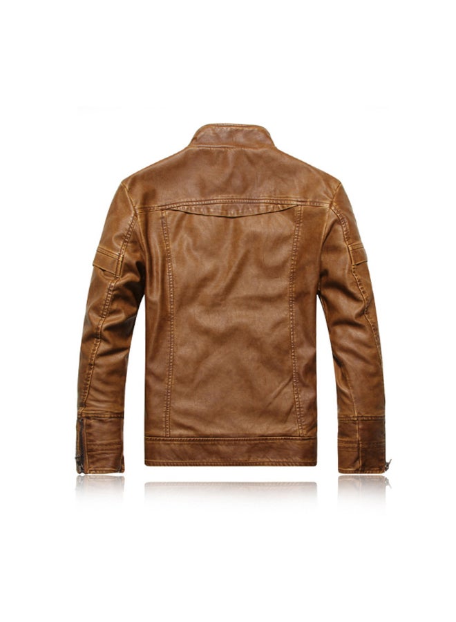 Generic - PU Leather Vintage Stand Collar Jacket Brown - Image 1