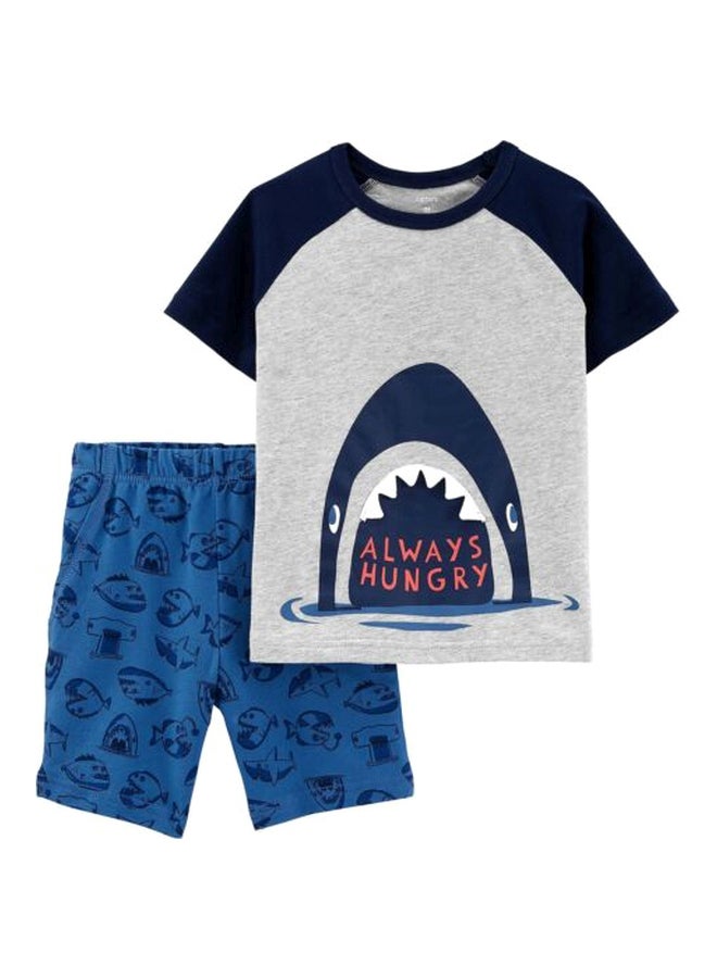 2-Piece Shark Printed Tee And Shorts Set Multicolour - v1589605619/N37013603V_1