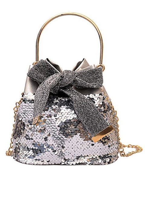 Sequins And Scarf Decoration Bucket Bag Silver/Grey