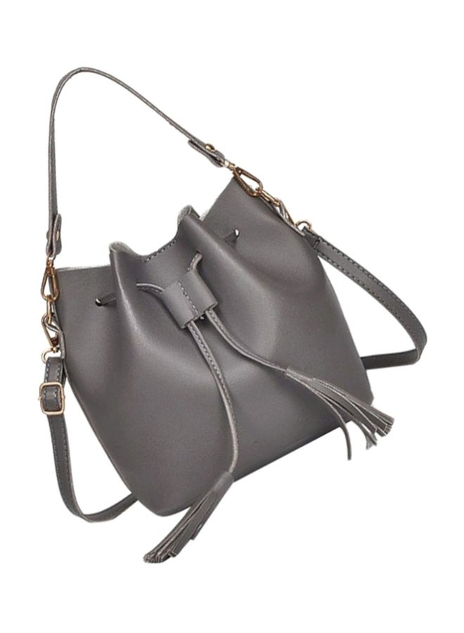 Tassel Decor Bucket Bag Dark Grey/Gold - Image 2