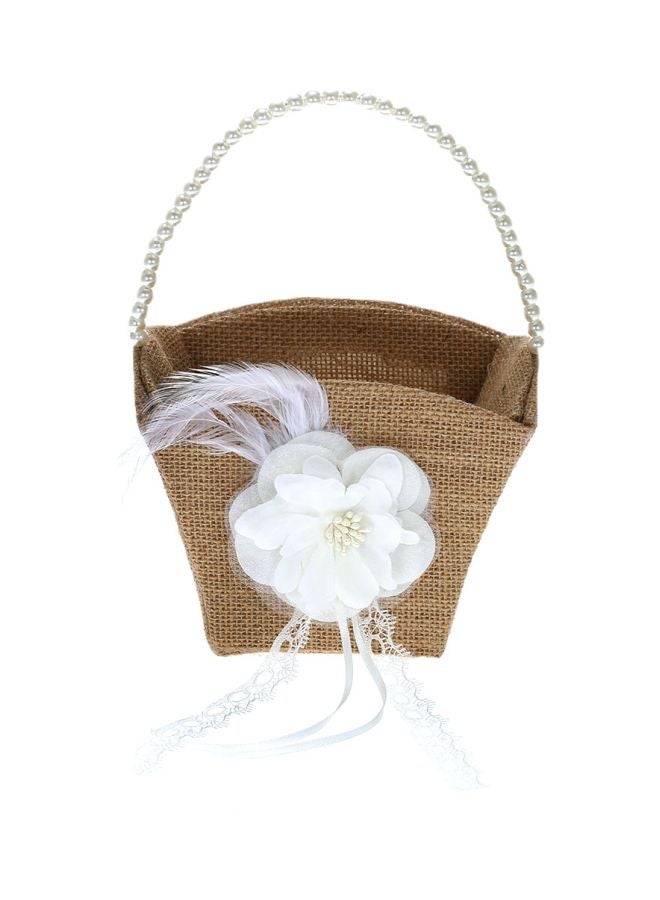 Decorative Wedding Pearl Beaded Burlap Flower Basket Beige/White 5.5x3.9x7.8inch  - Image 1