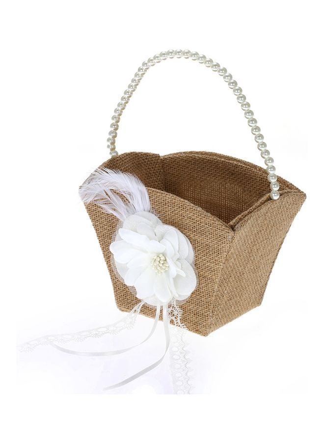 Decorative Wedding Pearl Beaded Burlap Flower Basket Beige/White 5.5x3.9x7.8inch  - Image 2