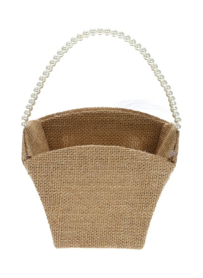 Decorative Wedding Pearl Beaded Burlap Flower Basket Beige/White 5.5x3.9x7.8inch  - Image 3