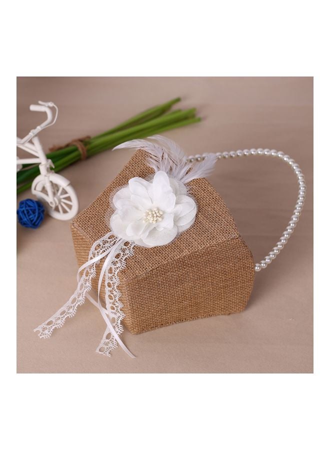 Decorative Wedding Pearl Beaded Burlap Flower Basket Beige/White 5.5x3.9x7.8inch  - Image 4