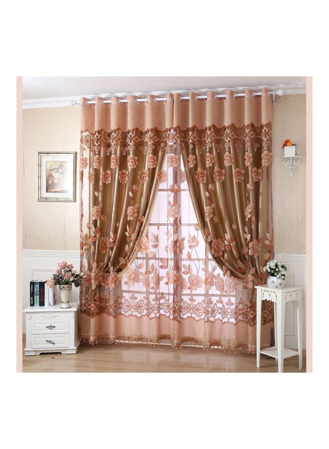 2-Piece Floral Patterned Window Curtains Coffee 250x100centimeter - Image 2