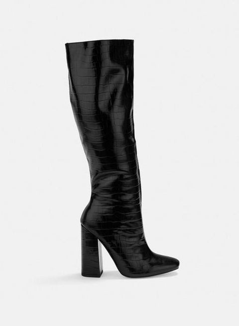 Croc Effect Knee High Boots Black