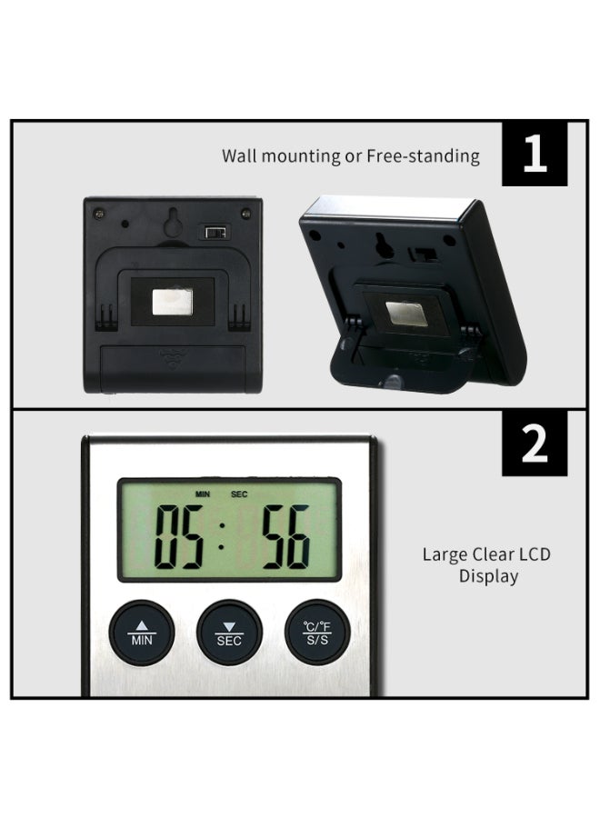LCD Digital Food Cooking Thermometer Gauge For BBQ Steak With Alarm Timer Function Black/Silver - Image 2