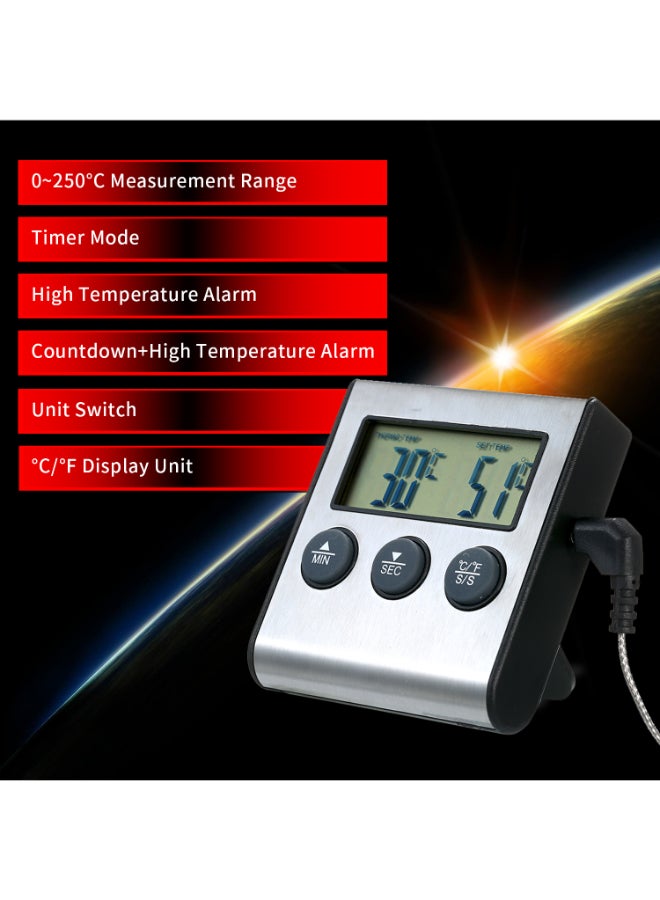 LCD Digital Food Cooking Thermometer Gauge For BBQ Steak With Alarm Timer Function Black/Silver - Image 3