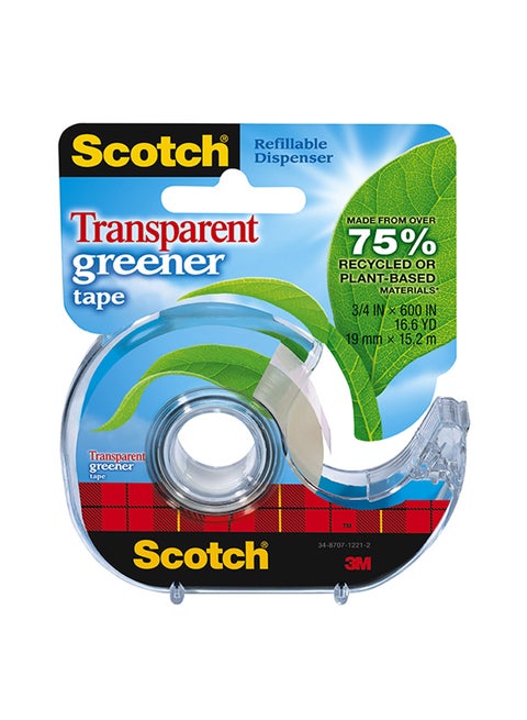 Scotch Transparent Greener Tape with 2 Piece Dispenser, Standard Width, Engineered for Office and Home Use, 3/4 x 600 Inches, 1 Roll (39) Multicolour