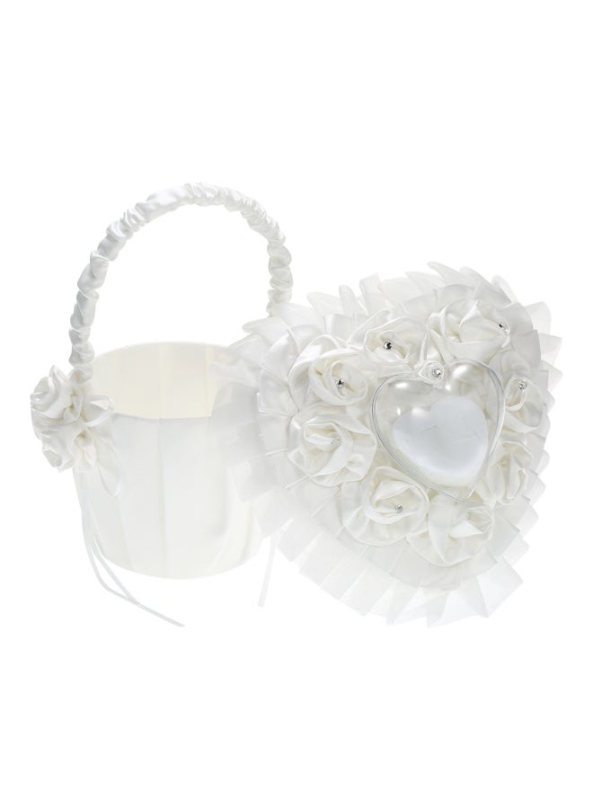 Heart Shape Ring Bearer Pillow And Flower Basket White  - Image 1