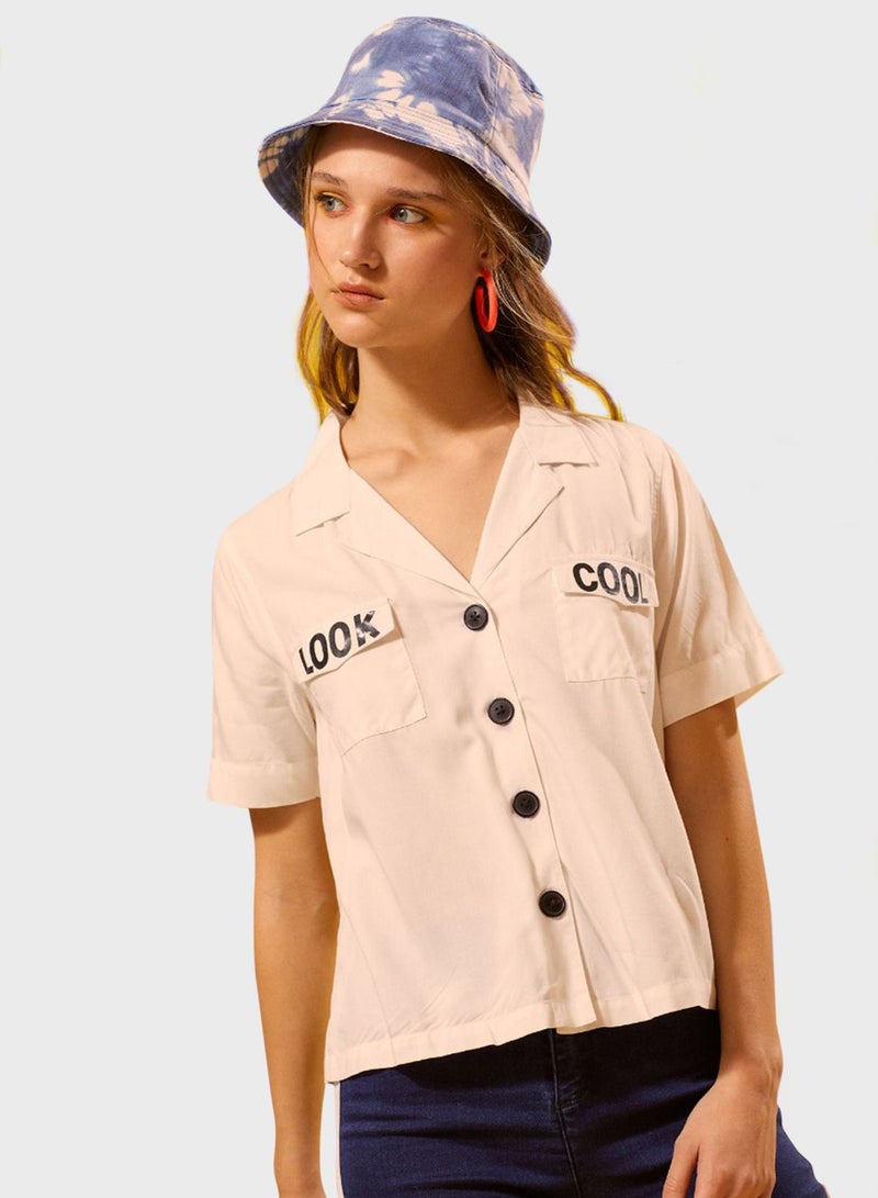 Blue Age Slogan Button Down Shirt Beige  - Image 1