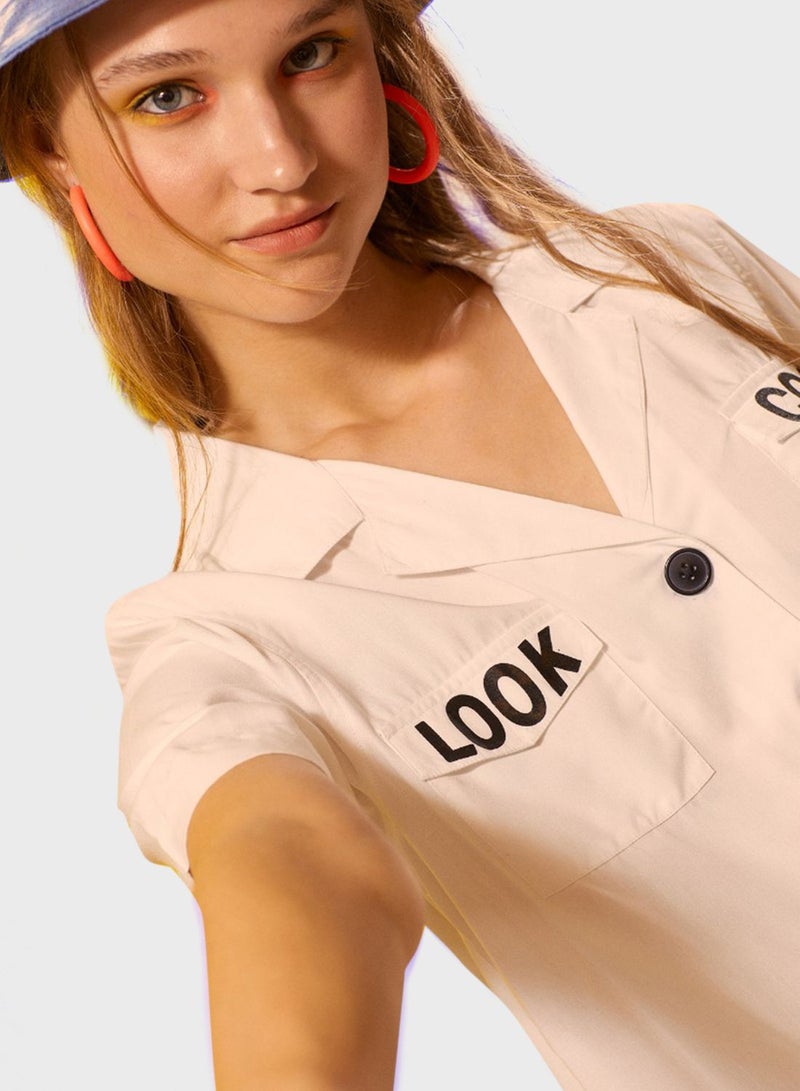 Blue Age Slogan Button Down Shirt Beige  - Image 3