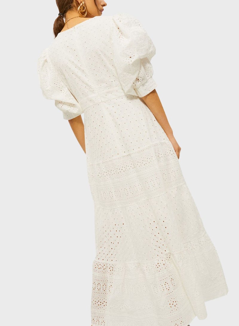 RINA Puff Sleeve Jacquard Dress White  - Image 2
