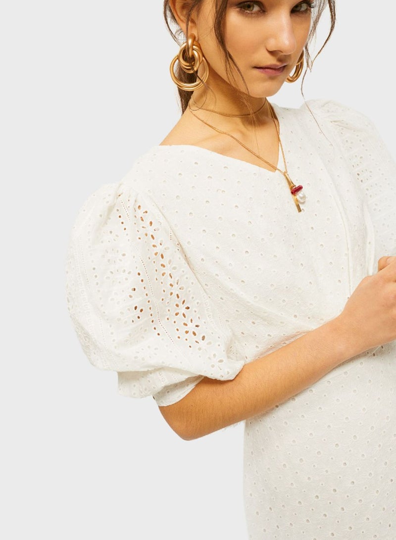 RINA Puff Sleeve Jacquard Dress White  - Image 3
