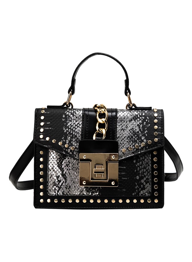 Elegant Rivet Hasp Snakeskin Pattern Crossbody Bag Silver/Black - Image 1