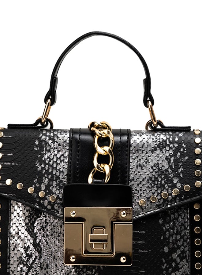 Elegant Rivet Hasp Snakeskin Pattern Crossbody Bag Silver/Black - Image 2