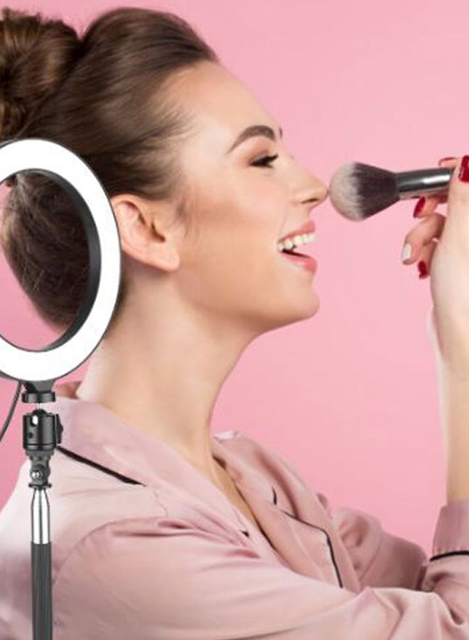 مصباح حلقي الشكل مع حامل ثلاثي القوائم ومصباح للمكياج أسود/ أبيض - Image 2