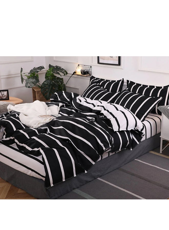 Deals for Less - 6-Piece King Size Premium Collection Super Soft Long Lasting Washable Stripped Design Bedding Duvet Set Includes 1xDuvet Cover,1xFitted Sheet 200x200+30 cm,4xPillowcases 50x75 cm Microfiber Black/White 220x240cm - Image 1
