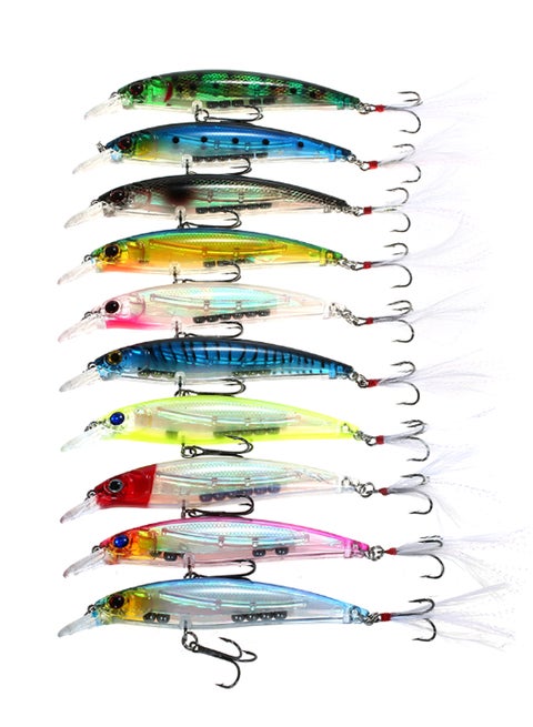 10-Piece Diving Minnow Hard Fishing Lure Set With Feather Hooks