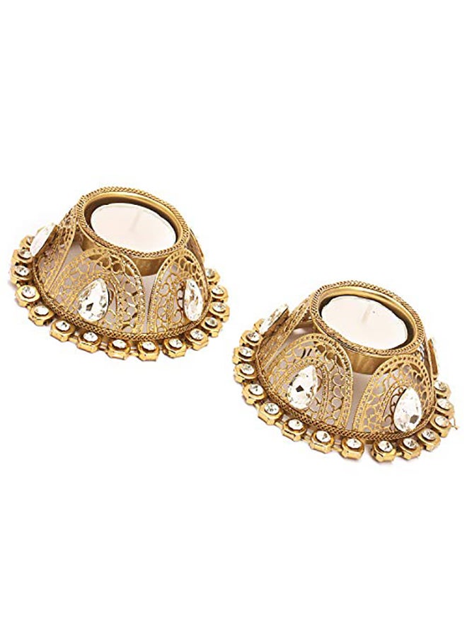 2-Piece Designer Tea Light Candle Holder Set Gold/Clear 4inch