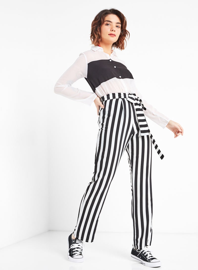 Raw Orange Collared Neck Stripes Co-ords Set Black/White  - Image 1