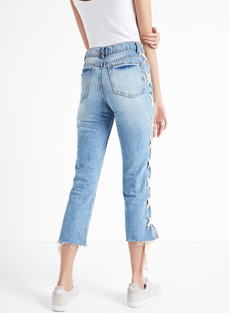 رو أورانج بنطال جينز بخصر متوسط الارتفاع و مزود بخيط من الجانبين أزرق - Image 2