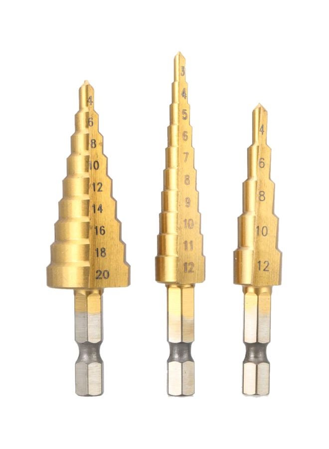 3-Piece Pagoda Shaped Straight Flute Step Drill Bits Gold/Silver - Image 1