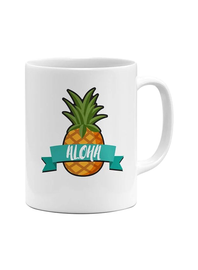 كوب مطبوع عليه عبارة "Aloha Tropical Pineapple" أبيض / برتقالي / أخضر
