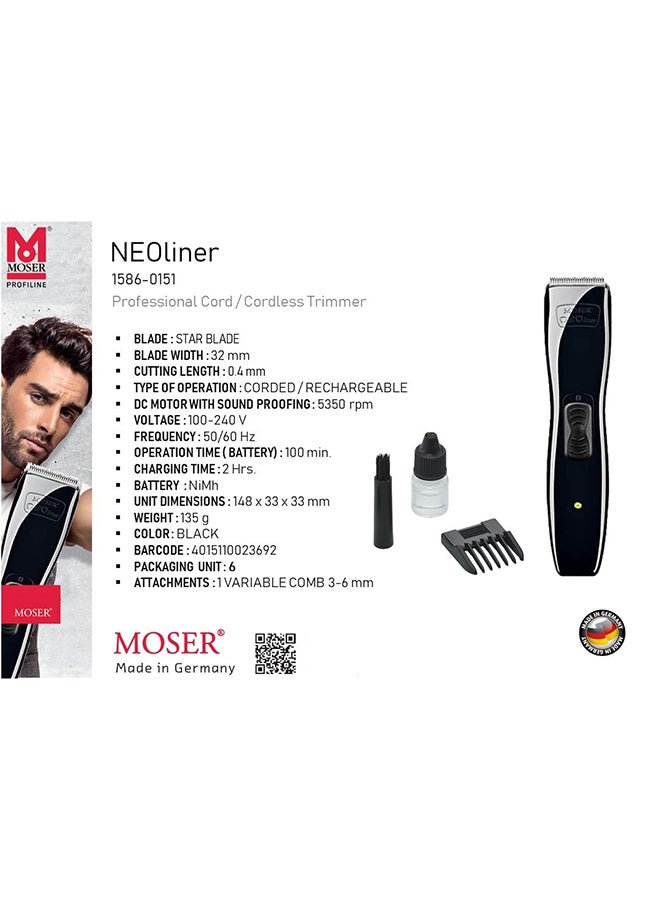 MOSER Neoliner Professional Cordless Hair Trimmer For Men (Made In Germany) | Magic Blade | Quick Charge And 100-Min Operation | Superlight And Ergonomic (1586-0151) Black - Image 5