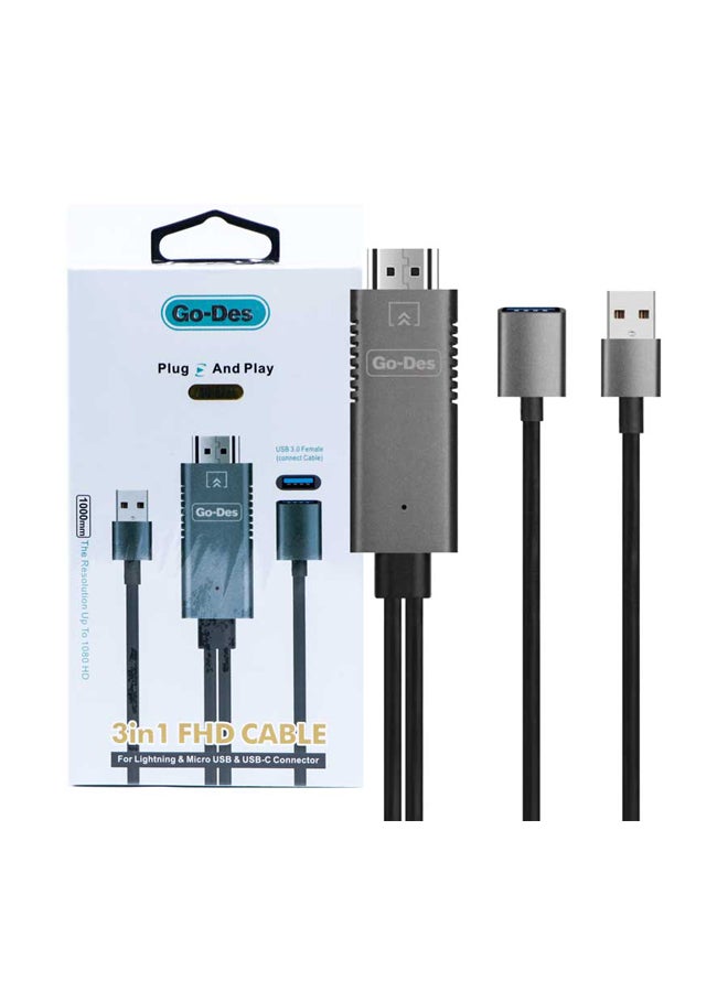 GO-DES 3-In-1 HDMI To USB Female Cable Grey/Black - Image 2