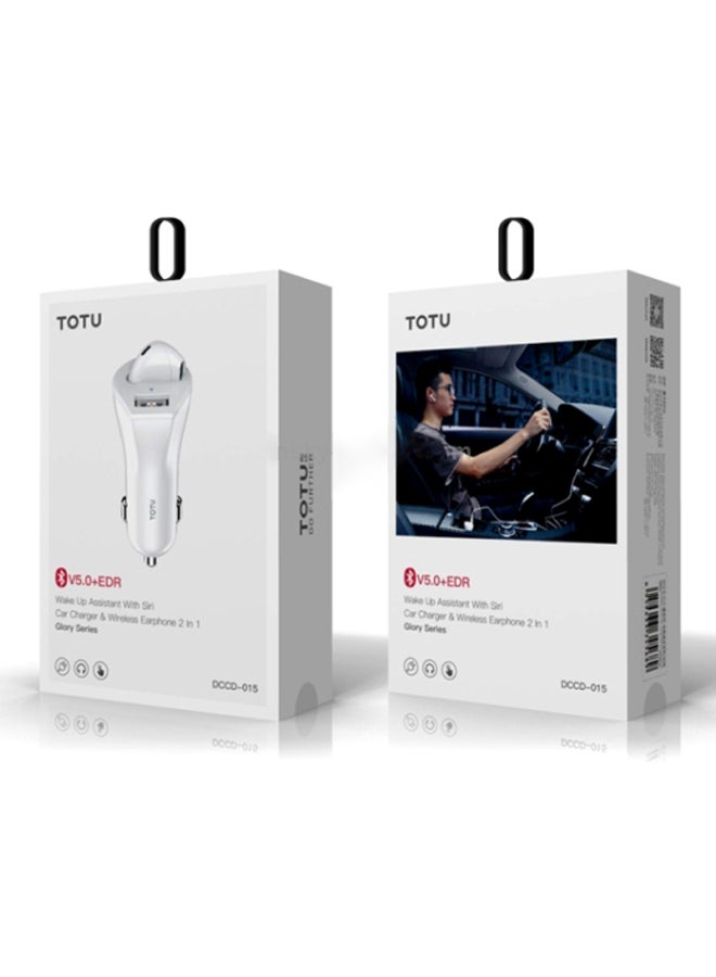 Totu Car Mobile Charger With Wireless Bluetooth Earphone White - Image 2