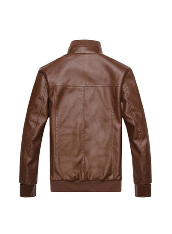 Generic - PU Leather Stand Collar Slim Fit Jacket Brown - Image 1