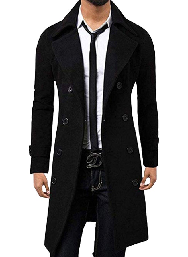 Double Breasted Turn Down Collar Slim Woolen Overcoat Black  - Image 1