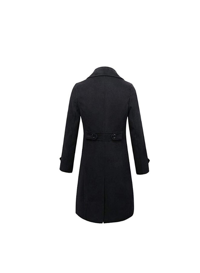 Double Breasted Turn Down Collar Slim Woolen Overcoat Black  - Image 2