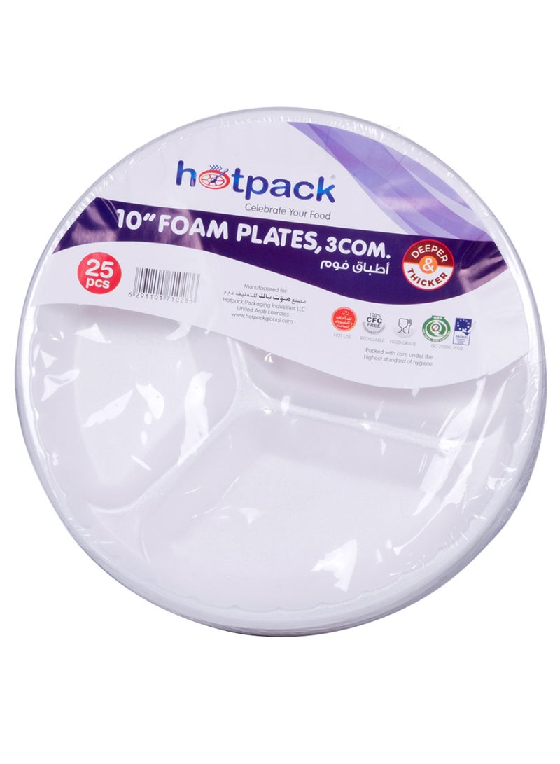 Hotpack - 25-Piece Round Foam Plate 3Compartment Set White 25x10inch - Image 1