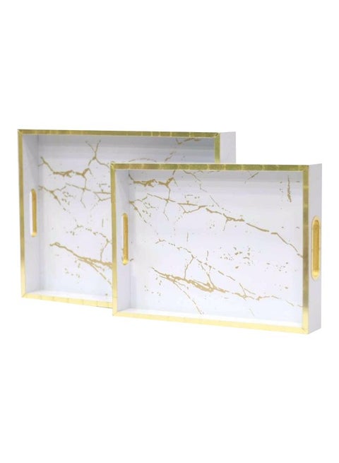 2-Piece Wooden Marble Print Serving Tray White/Gold 40x30x5centimeter