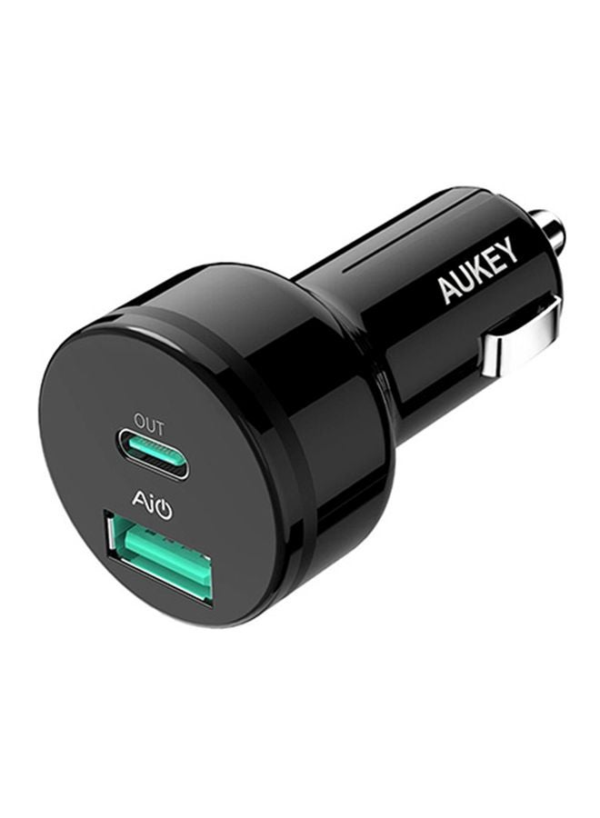 Aukey Dual Port USB C Car Charger With Power Delivery Black - Image 1