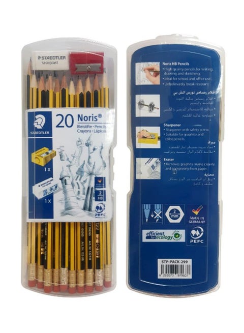20-Piece Noris Pencil With Eraser Set Yellow/Black