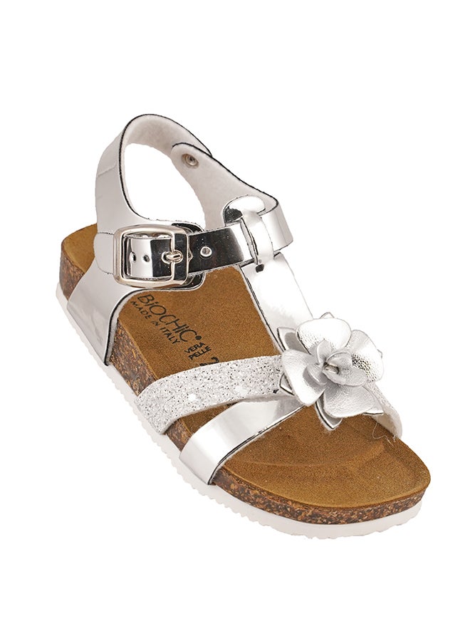 BiOCHIC - Floral Embellished Metallic Backstrap Sandals Silver - Image 1