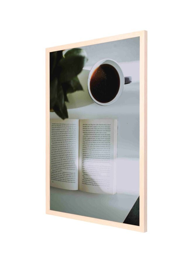 لوحة فنية جدارية مطبوع عليها كتاب للقراءة مع كوب قهوة مزودة بإطار أبيض/أسود/أخضر 53x73سم - Image 1