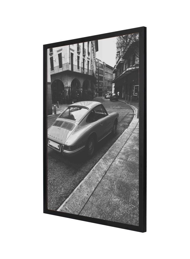 LOWHA Decorative Vintage Vehicle On Road Near Building Wall Art Painting With Frame Black/White 53x73centimeter  - Image 1