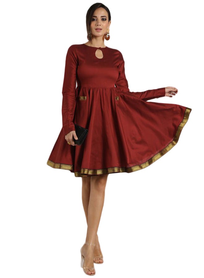 Abhishti Silk Blend Midi Fit & Flare Dress Maroon - Image 2