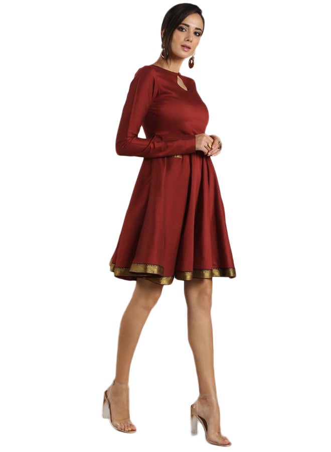Abhishti Silk Blend Midi Fit & Flare Dress Maroon - Image 3