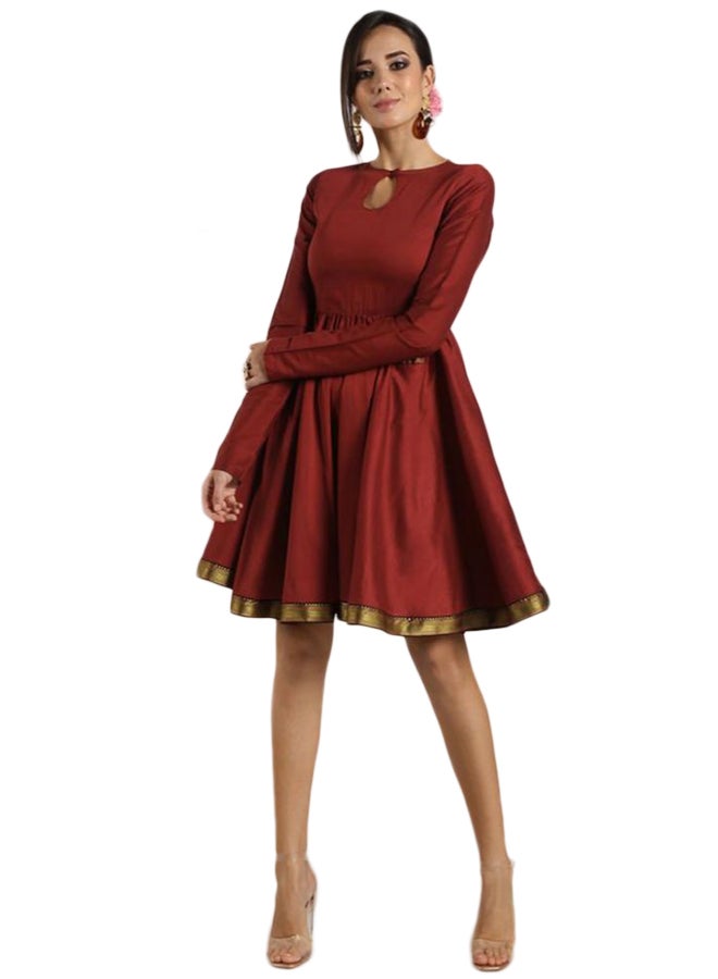 Abhishti Silk Blend Midi Fit & Flare Dress Maroon - Image 1