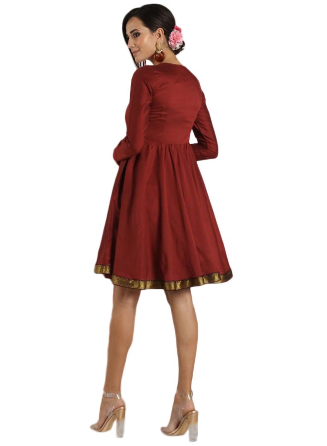 Abhishti Silk Blend Midi Fit & Flare Dress Maroon - Image 4