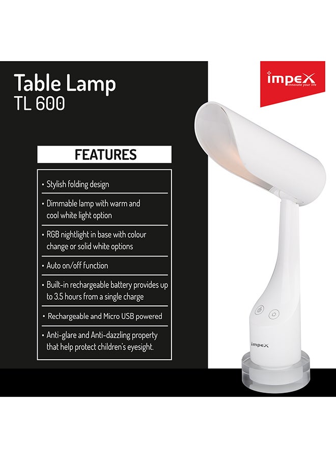 Impex Rechargeable LED Table Lamp White 28cm - Image 3