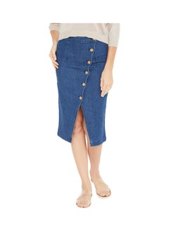 Denim Front Button Mid Waist Skirt Blue