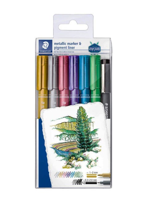 6-Piece Metallic Marker Set With Pigment Liner Pen Multicolour